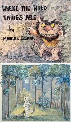 Top: Preliminary drawing of dust jacket for Where the Wild Things Are. © Maurice Sendak, 1963. All rights reserved.  Bottom: Final drawing for WWTA © Maurice Sendak, 1963. All rights reserved.